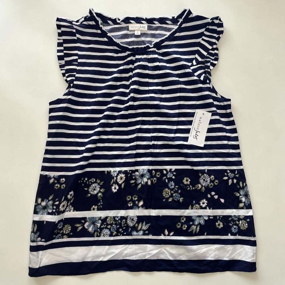 NWT Maison Jules Blue White Floral Stripe Ruffle Flutter Sleeve Blouse S